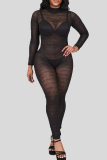 Black Sheer Textured Open Back Jumpsuit Slim Long Sleeve Stylish Piece