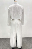 White Casual Stripe Pocket Shirt Collar Long Sleeve Two Pieces