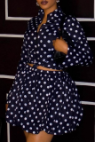 Dark Blue Polka Dot Zip Two Piece Set Long Sleeve Top Ruffle Skirt Casual Outfit