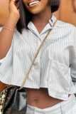 White Casual Stripe Pocket Shirt Collar Long Sleeve Two Pieces