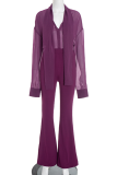 Purple Sheer Tie Blouse Flared Pants Stylish Elegant Two-piece Set