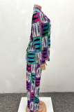 Blue Printed Long Sleeve Shirt Set Loose Wide Leg Pants Casual Two Piece