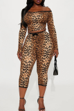 Leopard Print Off-shoulder Long Sleeve Top Drawstring Capri Pants Two-piece Set