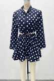Dark Blue Polka Dot Zip Two Piece Set Long Sleeve Top Ruffle Skirt Casual Outfit