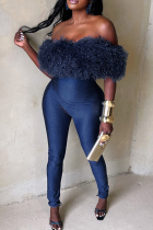 Blue Fuzzy Off-shoulder Jumpsuit Slim Fitted Stylish Party Piece