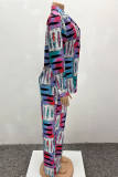 Blue Printed Long Sleeve Shirt Set Loose Wide Leg Pants Casual Two Piece