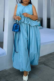 Blue Sleeveless Ruched Top Wide Leg Pants Two Piece Set Loose Casual Outfit