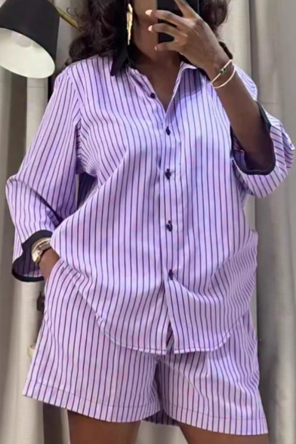 Purple Striped Loose Fit Shirt Set Long-Sleeve Top and Shorts Casual Two Piece Set