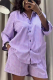 Purple Striped Loose Fit Shirt Set Long-Sleeve Top and Shorts Casual Two Piece Set