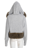 Grey Fuzzy Panel Short Coat Casual Stylish Layered Warm Piece