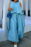 Blue Sleeveless Ruched Top Wide Leg Pants Two Piece Set Loose Casual Outfit