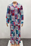 Blue Printed Long Sleeve Shirt Set Loose Wide Leg Pants Casual Two Piece
