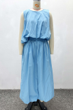 Blue Sleeveless Ruched Top Wide Leg Pants Two Piece Set Loose Casual Outfit