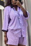 Purple Striped Loose Fit Shirt Set Long-Sleeve Top and Shorts Casual Two Piece Set
