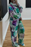 Blue Printed Long Sleeve Shirt Set Loose Wide Leg Pants Casual Two Piece