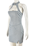 Blue Halter Cutout Denim Dress Waist Slit Bodycon Mini Skirt