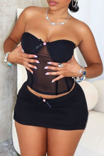 Black Sexy Solid Color See-Through Strapless Sleeveless Two Pieces