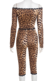 Leopard Print Off-shoulder Long Sleeve Top Drawstring Capri Pants Two-piece Set
