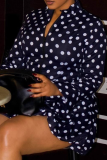Dark Blue Polka Dot Zip Two Piece Set Long Sleeve Top Ruffle Skirt Casual Outfit