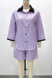 Purple Striped Loose Fit Shirt Set Long-Sleeve Top and Shorts Casual Two Piece Set