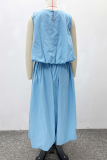 Blue Sleeveless Ruched Top Wide Leg Pants Two Piece Set Loose Casual Outfit
