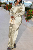 Khaki Casual Solid Color Patchwork Shirt Collar Long Sleeve Two Pieces