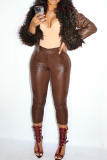 Khaki Shiny Textured Cross Waist Capri Leggings Stylish Versatile Piece
