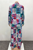 Blue Printed Long Sleeve Shirt Set Loose Wide Leg Pants Casual Two Piece