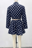 Dark Blue Polka Dot Zip Two Piece Set Long Sleeve Top Ruffle Skirt Casual Outfit