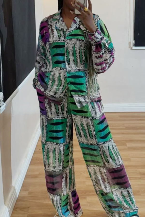 Green Printed Long Sleeve Shirt Set Loose Wide Leg Pants Casual Two Piece