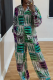 Green Printed Long Sleeve Shirt Set Loose Wide Leg Pants Casual Two Piece
