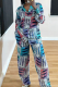 Blue Printed Long Sleeve Shirt Set Loose Wide Leg Pants Casual Two Piece