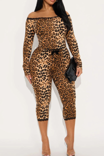 Leopard Print Off-shoulder Long Sleeve Top Drawstring Capri Pants Two-piece Set