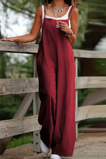 Burgundy Overalls Wide-leg Jumpsuit Loose Casual Comfortable Daily Wear