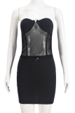 Black Sexy Solid Color See-Through Strapless Sleeveless Two Pieces