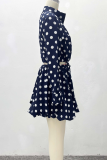 Dark Blue Polka Dot Zip Two Piece Set Long Sleeve Top Ruffle Skirt Casual Outfit