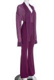 Purple Sheer Tie Blouse Flared Pants Stylish Elegant Two-piece Set