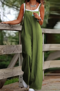 Green Overalls Wide-leg Jumpsuit Loose Casual Comfortable Daily Wear