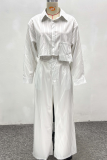 White Casual Stripe Pocket Shirt Collar Long Sleeve Two Pieces