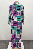 Blue Printed Long Sleeve Shirt Set Loose Wide Leg Pants Casual Two Piece