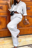 White Casual Stripe Pocket Shirt Collar Long Sleeve Two Pieces