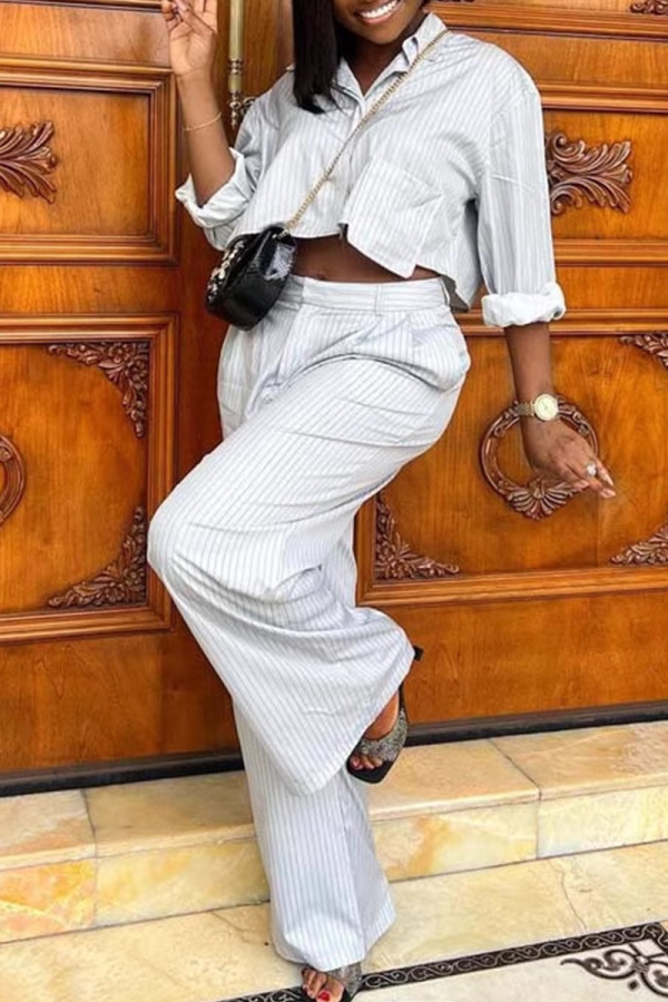 White Casual Stripe Pocket Shirt Collar Long Sleeve Two Pieces