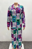 Blue Printed Long Sleeve Shirt Set Loose Wide Leg Pants Casual Two Piece
