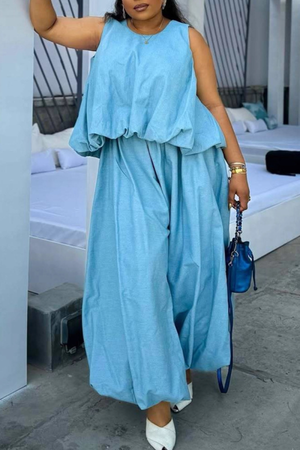 Blue Sleeveless Ruched Top Wide Leg Pants Two Piece Set Loose Casual Outfit