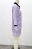 Purple Striped Loose Fit Shirt Set Long-Sleeve Top and Shorts Casual Two Piece Set