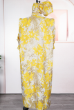 Blue Printed Loose Maxi Dress Puff Sleeve Stand Collar Elegant Gown
