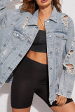 Light Blue Distressed Denim Jacket Loose Collar Casual Outerwear