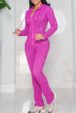 Rose Red Striped Hooded Zipper Set Slim Flared Pants Casual Stylish Two-piece