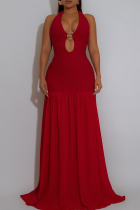 Red Elegant Solid Color Backless Halter Long Dresses