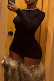 Black Sexy Solid Color Patchwork O Neck Wrapped Skirt Dresses